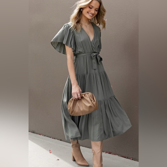 Petal and Pup Barker Mini Dress Olive Belted V-Neck XL NWT - Picture 4 of 13